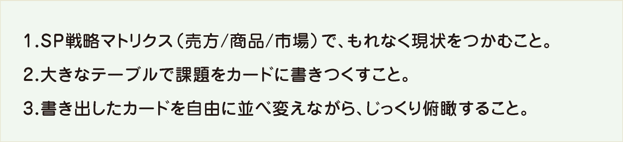 1.SP戦略マトリクス(売方/商品/市場)で、もれなく現状をつかむこと。2.大きなテーブルで課題をカードに書きつくすこと。3.書き出したカードを自由に並べ変えながら、じっくり俯瞰すること。